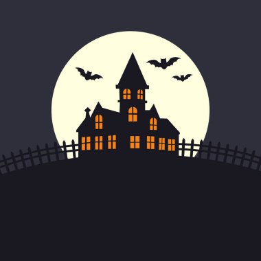 Ayın arka planına karşı sopayla kasvetli kale. Vektör Cadılar Bayramı illüstrasyonu