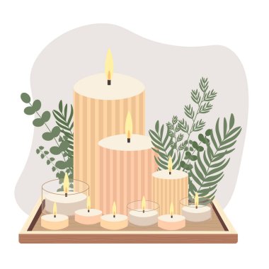 Ahşap tepside kokulu mumlar. Minimalist vektör düz illüstrasyon