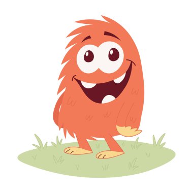 Çayırdaki sevimli kırmızı canavar. Vektör çocukların düz illüstrasyonu