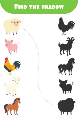 Çocukların eğitim oyunu, çiftlik hayvanları gölge eşleştirmesi, anaokulu aktivitesi, öğrenme oyunu, vektör illüstrasyonu