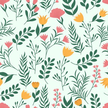 Yapraklar ve kır çiçekleriyle desenli çiçek deseni