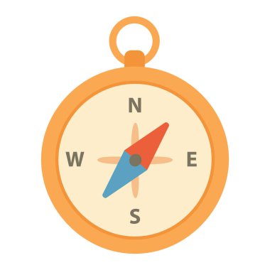 Kardinal yönleri işaretlenmiş bir pusula ve yön bulma, yönlendirme ve seyahat araçlarını temsil eden kırmızı-mavi bir iğne minimalist düz vektör çizimi. Seyahat uygulamalarında, haritalarda, macera tasarımlarında ve eğitim materyallerinde kullanılabilir.