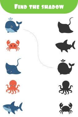 Şirin deniz canlıları ve gölgeleriyle renkli eşleştirme aktiviteleri. Çocukların mantık gelişimi için eğlenceli yazdırılabilir oyun.