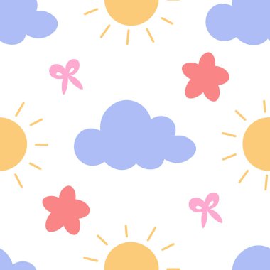 Güneşli, bulutlu, çiçekli ve pastel renklerde fiyonklu, çocuk bakımı ve bebek ürünleri için mükemmel bir şablon..