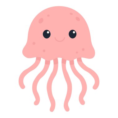 Gülümseyen pembe denizanaları, geniş dost gözleri ve minimalist vektör tarzında yüzen dalgalı dokunaçları vardır.