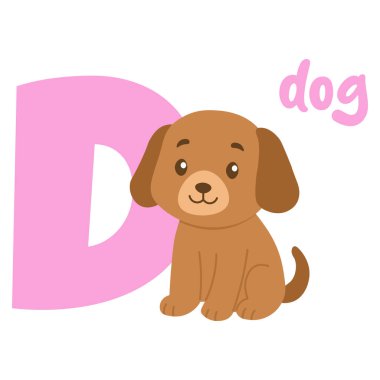 Dost canlısı kahverengi bir köpek yavrusu pembe bir harfin yanında oturur. D harfiyle çocukları tatlı eğitimsel resimlerle alfabeyle tanıştırır.