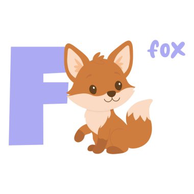Sevimli yavru tilki, alfabe öğrenme aktiviteleri için yumuşak renklerde büyük F harfinin yanında oturur..