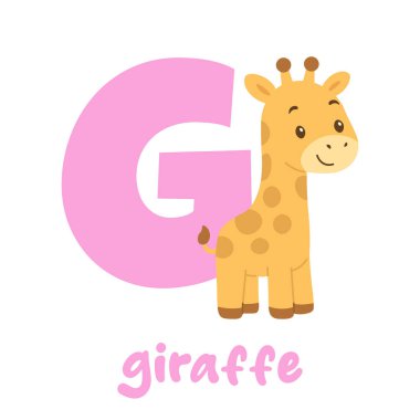 Çocukların alfabe öğrenmesi için büyük pembe G harfinin yanında duran sevimli zürafa.