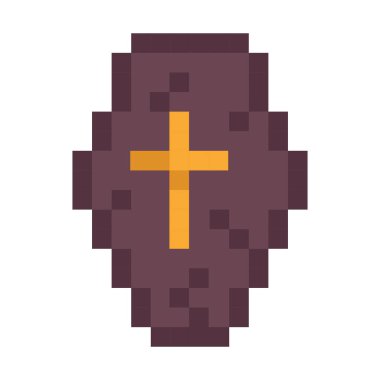 Piksel biçimli klasik tabut simgesi, altın haç oyunları ya da ürkütücü antika tasarımlar için harika.