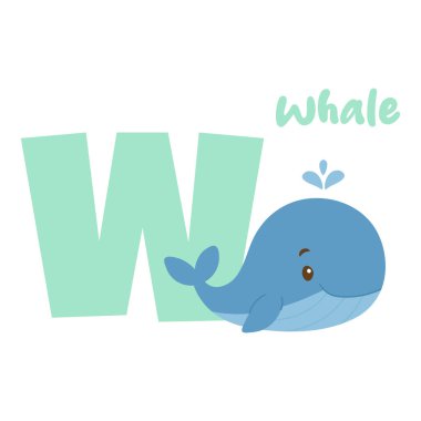 Büyük harfli W harfinin yanında mavi bir balina ve eğitim kitapları posterleri ve anaokulu kartları için mükemmel bir kelime balina.