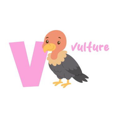 Çizgi film akbabası büyük V harfi ve akbaba kelimesinin yanında duruyor. Anaokulu ve anaokulu için eğitici materyaller için uygun pembe bir kelime.