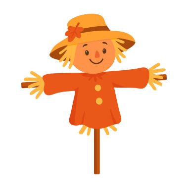 Parlak turuncu kıyafetli ve çiçek desenli şapkalı vektör korkuluğu sonbahar teması ya da çocuk dekorasyonu için mükemmel.