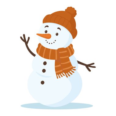 Havuç burunlu, şapkalı ve eşarplı gülen kardan adam kışın dışarıda sallanıyor.