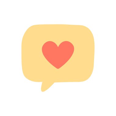 Sevgi ve iletişimi temsil eden kırmızı kalp sembollü sarı sohbet baloncuğunun hoş düz çizimi