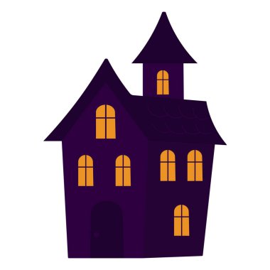 Cadılar Bayramı tasarımı için sarı parlak pencereli koyu renkli karikatür perili ev