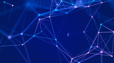 Büyük veri görselleştirmesi. Noktaların ve çizgilerin kaotik dağılımıyla ağ bağlantısı yapısı. Üç Boyut .