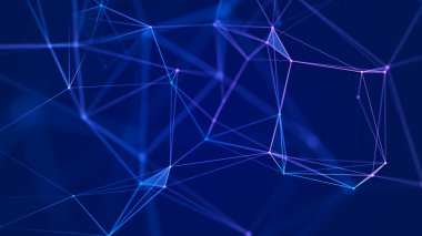 Büyük veri görselleştirmesi. Noktaların ve çizgilerin kaotik dağılımıyla ağ bağlantısı yapısı. Üç Boyut .