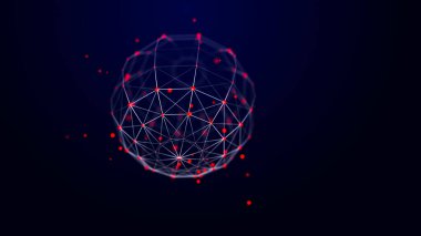 Çizgiler ve noktalardan oluşan fütürist bükülmüş küre. Teknolojik geçmiş. Veri iletim ağı. Üç Boyut .