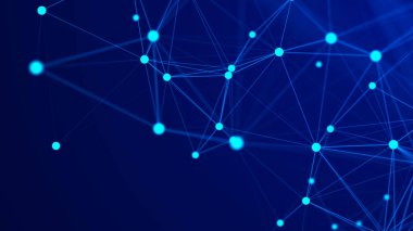 Büyük veri görselleştirmesi. Noktaların ve çizgilerin kaotik dağılımıyla ağ bağlantısı yapısı. Üç Boyut .