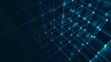 Dijital engelleme zinciri kavramı. Veri depolama ayrı hücrelerde. Noktalar ve bağlantı çizgileri olan soyut bir arkaplan. 3B görüntüleme.