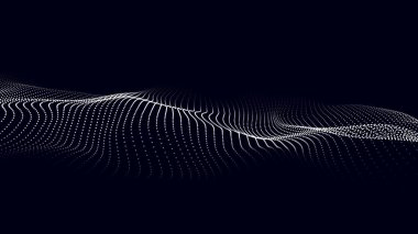 Soyut, karanlık bir arkaplanda hareket eden noktalar dalgası. Vektör illüstrasyonu.