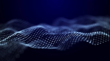 Altıgen dijital iletişim yapısı. Veri teknolojisi geçmişi. Karanlık bir arkaplanda noktaların ve çizgilerin birleşimi. Üç Boyut .