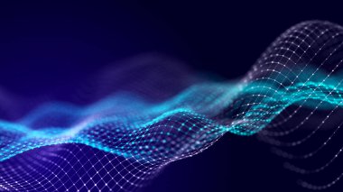 Soyut dijital veri arkaplanı. Hareketli noktalarla el salla. Müzikal müzik akışı. Üç Boyut .
