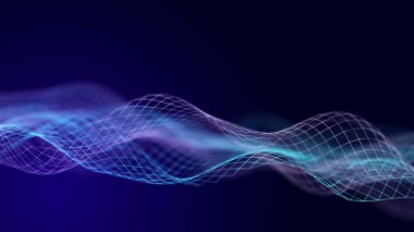 Soyut arkaplan ızgarası. Veri akışı. Gelecekçi mavi parçacık dalgası. 3d .