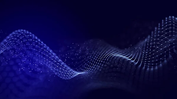 インターレース線とドットの抽象的な背景グリッド 未来的な青い粒子波 ネットワーク接続の構造 — ストック写真