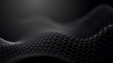 Koyu arkaplandaki noktalar ve çizgilerin beyaz soyut arka plan ızgarası. Ağ bağlantılarının yapısı. Üç Boyut