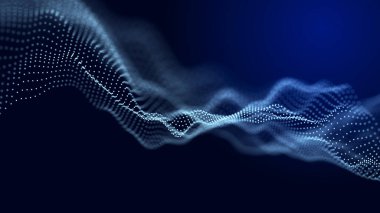 Geleceği şekillendiren noktalar dalgalar halinde hareket ediyor. Soyut teknoloji web pankartı. Arkaplan 3D ızgarası. Üç Boyut