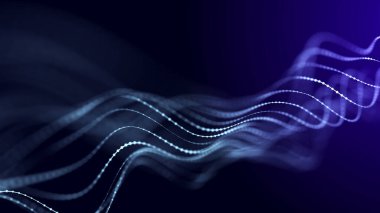 Birbirine bağlı çizgi ve noktaların soyut arkaplan ızgarası. Gelecekçi mavi parçacık dalgası. Ağ bağlantılarının yapısı. Üç Boyut .