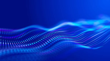 Geleceği şekillendiren noktalar dalgalar halinde hareket ediyor. Soyut teknoloji web pankartı. Arkaplan 3D ızgarası. Üç Boyut