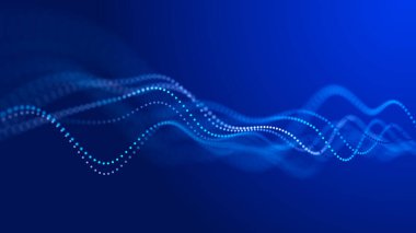 Birbirine bağlı çizgi ve noktaların soyut arkaplan ızgarası. Gelecekçi mavi parçacık dalgası. Ağ bağlantılarının yapısı. Üç Boyut .