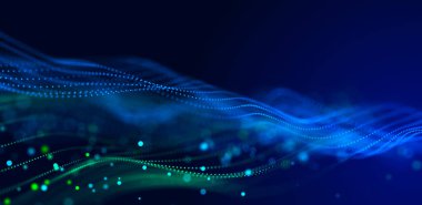 Parlayan parçacıkların soyut parlak dalgası. Müzikal seslerin sesi. Büyük veri görselleştirmesi. 3d