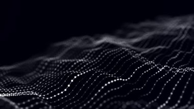 Geleceği şekillendiren noktalar dalgalar halinde hareket ediyor. Soyut teknoloji web pankartı. Arkaplan 3D ızgarası. 3 boyutlu görüntüleme. Kusursuz döngü.