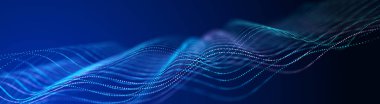 Geleceği şekillendiren noktalar dalgalar halinde hareket ediyor. Soyut teknoloji web pankartı. Arkaplan 3D ızgarası. Üç Boyut