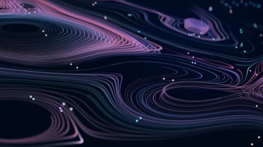 Karanlık uzayda soyut sim parçacıkları. Ağ veri aktarımı kavramı. Üç Boyut .