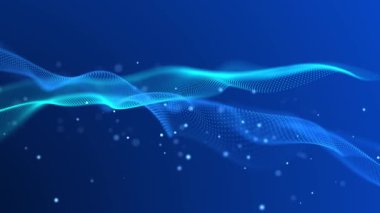 Parlayan parçacıkların soyut parlak dalgası. Müzikal seslerin sesi. Büyük veri görselleştirmesi. 3d oluşturma.