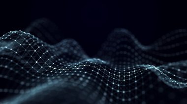 Soyut iç içe geçmiş noktaların ve uzayda çizgilerin dinamik dalgası. Üç Boyut