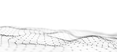 Siyah beyaz el salla. Büyük veri görselleştirmesi. Birbirine karışan noktaları olan soyut bir arkaplan. Üç Boyut