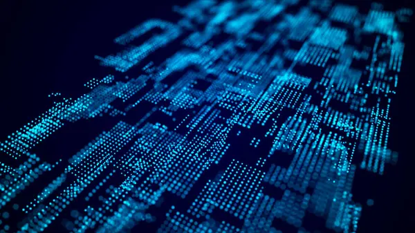 Dijital engelleme zinciri kavramı. Veri depolama ayrı hücrelerde. Noktalar ve bağlantı çizgileri olan soyut bir arkaplan. 3B görüntüleme.