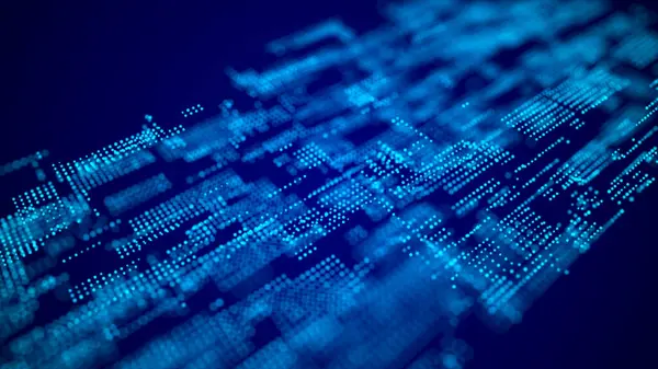 Dijital engelleme zinciri kavramı. Veri depolama ayrı hücrelerde. Noktalar ve bağlantı çizgileri olan soyut bir arkaplan. 3B görüntüleme.