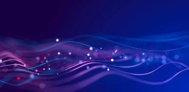 Parlayan parçacıkların soyut parlak dalgası. Müzikal seslerin sesi. Büyük veri görselleştirmesi. 3d