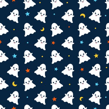 Sevimli Mutlu Cadılar Bayramı beyaz hayalet çizgi film kusursuz desenli vektör siyah arka plan hayalet yıldız hilal ay