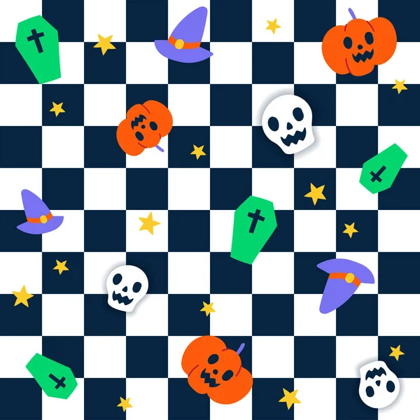 Cute Happy Halloween Cartoon Farbe Konfetti Stoff Textilfliese Kariert Nahtlose — Stockvektor