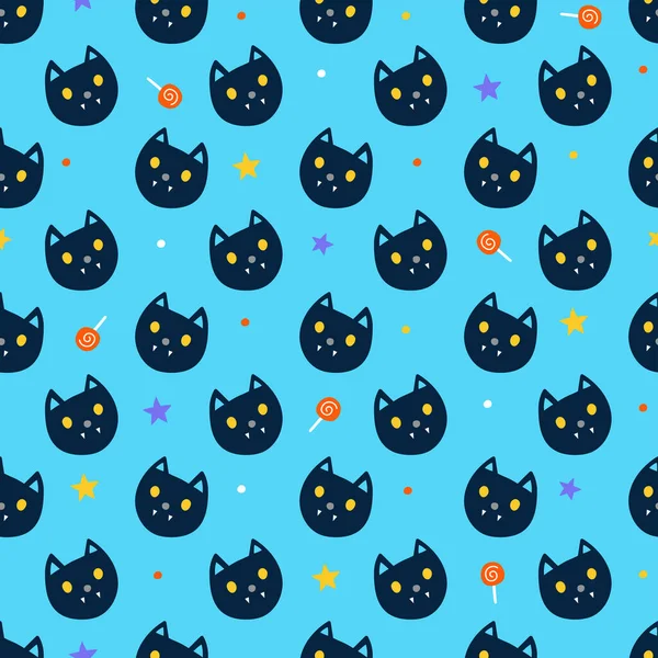 Симпатичная Счастливый Хэллоуин Черная Кошка Мультфильм Безморском Векторе Узора Голубой — стоковый вектор