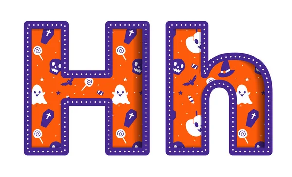 stock vector Cute Happy Halloween H Alphabet Capital Small Letter Party Font Typography Character Cartoon Spooky Horror colorful Paper Cutout Type design celebration vector Illustration Skull Pumpkin Bat Witch Hat