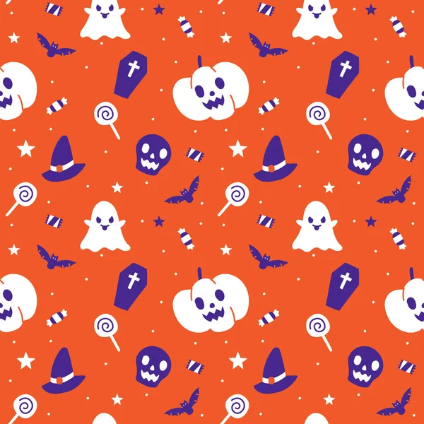 Cute Happy Halloween Kreskówki Bez Szwu Wzór Wektor Pomarańczowy Fioletowy — Wektor stockowy
