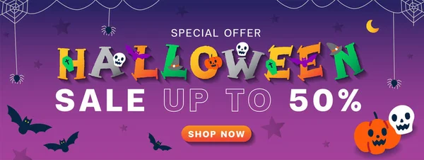 Stock vector Cute advertising Halloween cartoon online marketing promotion sale up to 50% web banner invitation card vector violet background ghost, skull, pumpkin, jack o lantern, bat, spider web shop now button